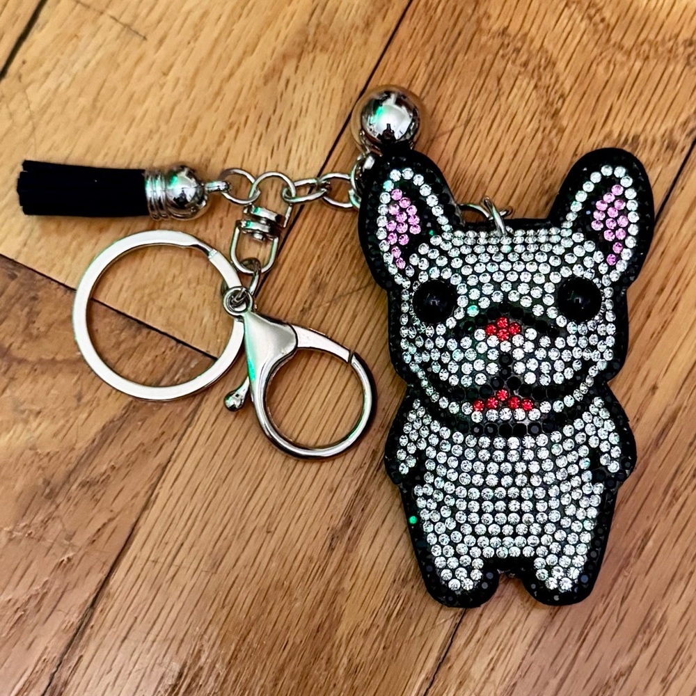 Rhinestone French Bulldog Keychain Charm - Black and Silver - Picture 2 of 3